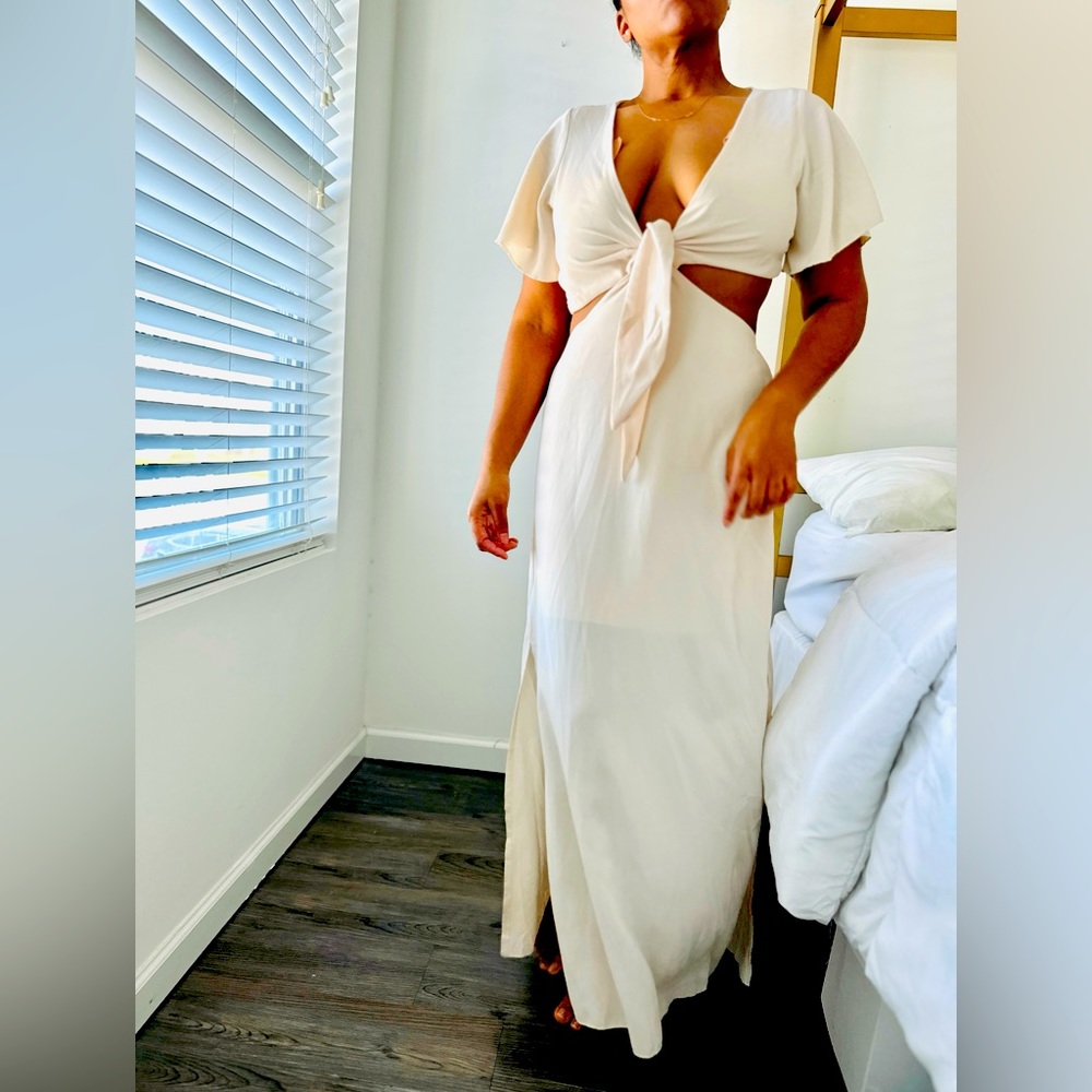 *SOLD*SHEIN VCAY Summer Beach Tie Front Deep V Neck Cutout Waist Split Hem Maxi